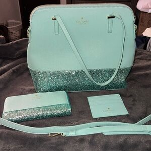 Kate Spade bottom glitter bag, large wallet and card wallet. Like new